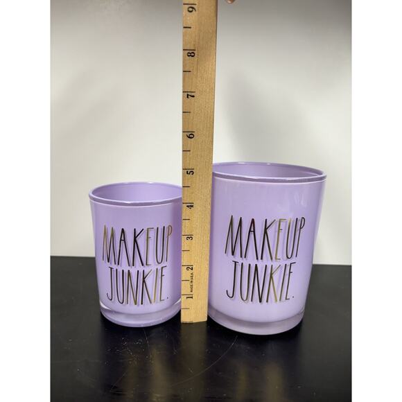 Rae Dunn MAKEUP BRUSHES Purple Glass Containers with Gold Wording • Set of 2 - Picture 7 of 9